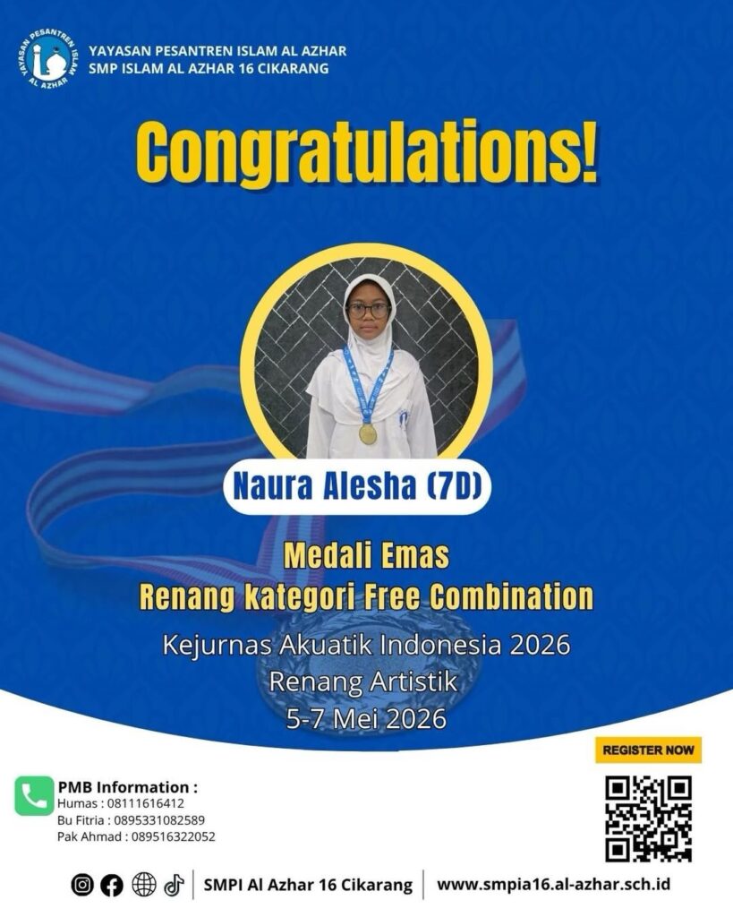 Naura Alesha murid SMP Islam Al Azhar 16 Cikarang peraih medali emas Kejurnas Akuatik Indonesia 2026 kategori Free Combination