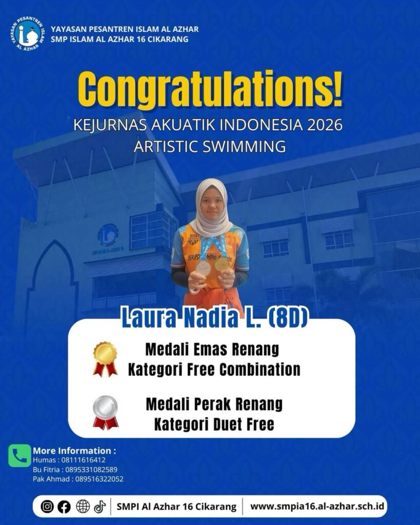 Laura Nadla murid SMP Islam Al Azhar 16 Cikarang peraih medali emas dan perak Kejurnas Akuatik Indonesia 2026