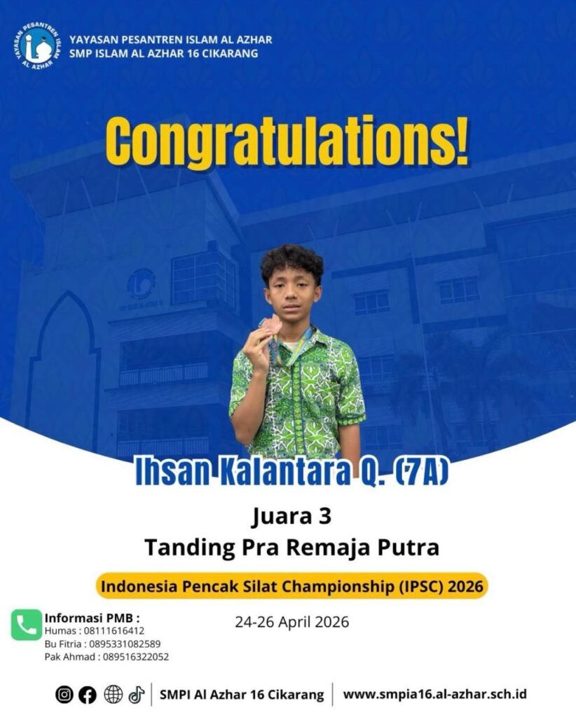 Foto Ihsan Kalantara Q., murid kelas 7A SMPI Al Azhar 16 Cikarang, mengenakan seragam batik hijau sekolah dan memegang medali perunggu Juara 3 IPSC 2026.