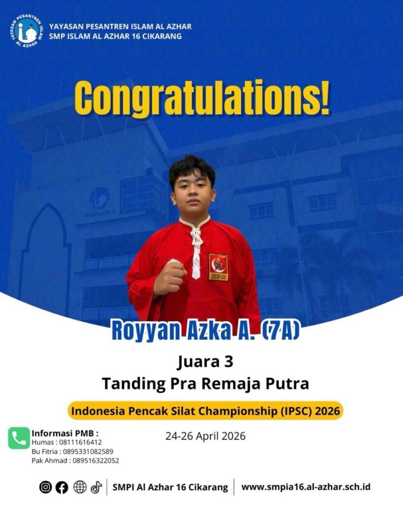 Foto Royyan Azka A. murid kelas 7A mengenakan seragam pencak silat merah dengan logo sekolah, berpose siap tanding untuk ajang IPSC 2026.
