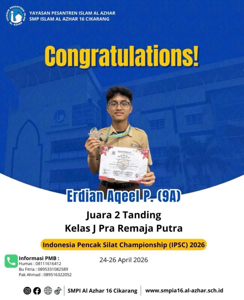 Foto Erdian Aqeel P., murid kelas 9A SMP Islam Al Azhar 16 Cikarang, memegang medali perak dan sertifikat Juara 2 pencak silat IPSC 2026.