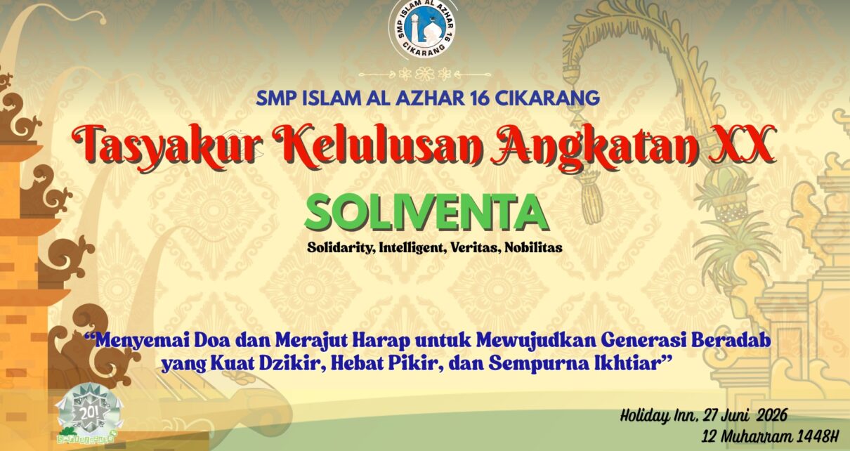 Desain backdrop panggung Tasyakur Kelulusan Angkatan XX SOLIVENTA SMP Islam Al Azhar 16 Cikarang dengan ornamen khas Bali.