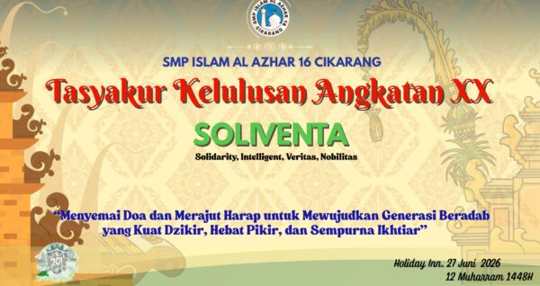 Desain backdrop panggung Tasyakur Kelulusan Angkatan XX SOLIVENTA SMP Islam Al Azhar 16 Cikarang dengan ornamen khas Bali.
