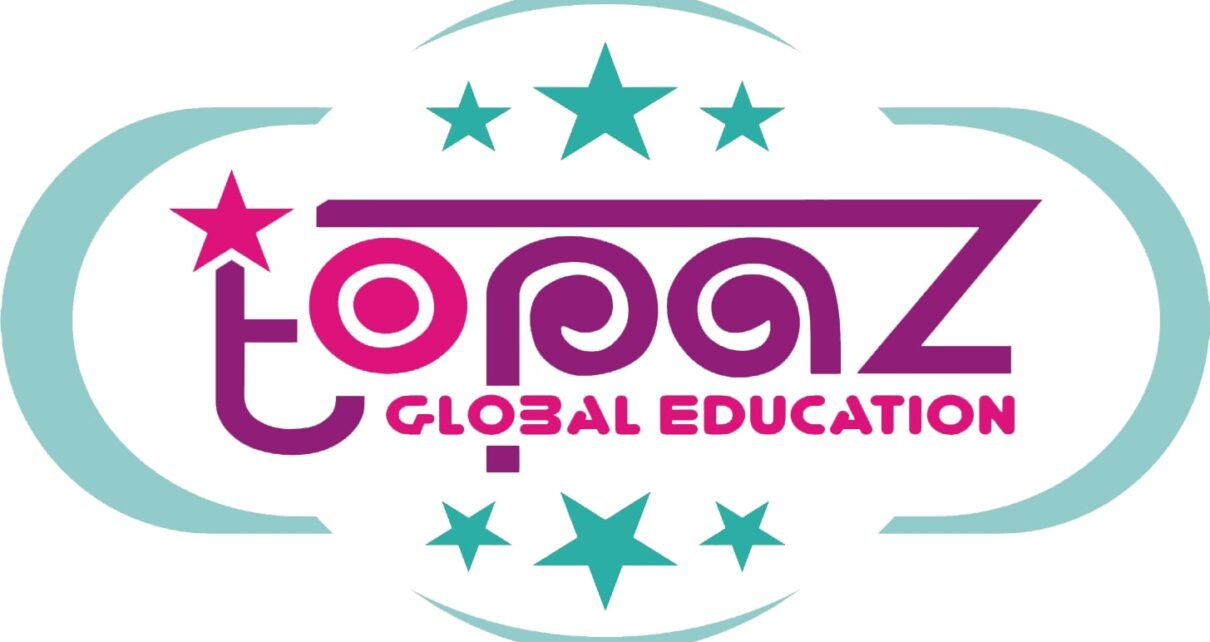 Logo resmi penyelenggara pendidikan Topaz Global Education dengan warna ungu dan toska.