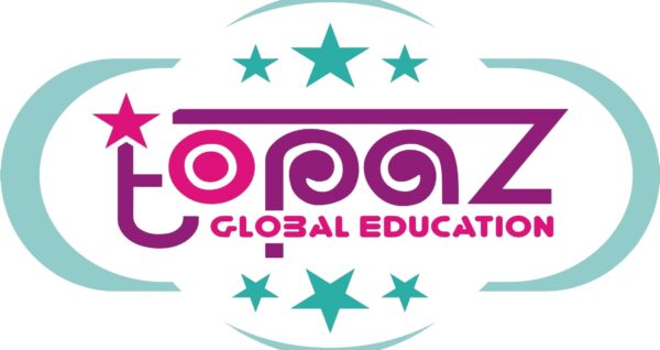 Logo resmi penyelenggara pendidikan Topaz Global Education dengan warna ungu dan toska.