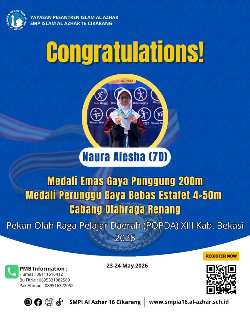 Poster ucapan selamat untuk Naura Alesha kelas 7D SMPIA 16 Cikarang atas raihan Medali Emas dan Perunggu di cabang Renang POPDA XIII Kab. Bekasi 2026.