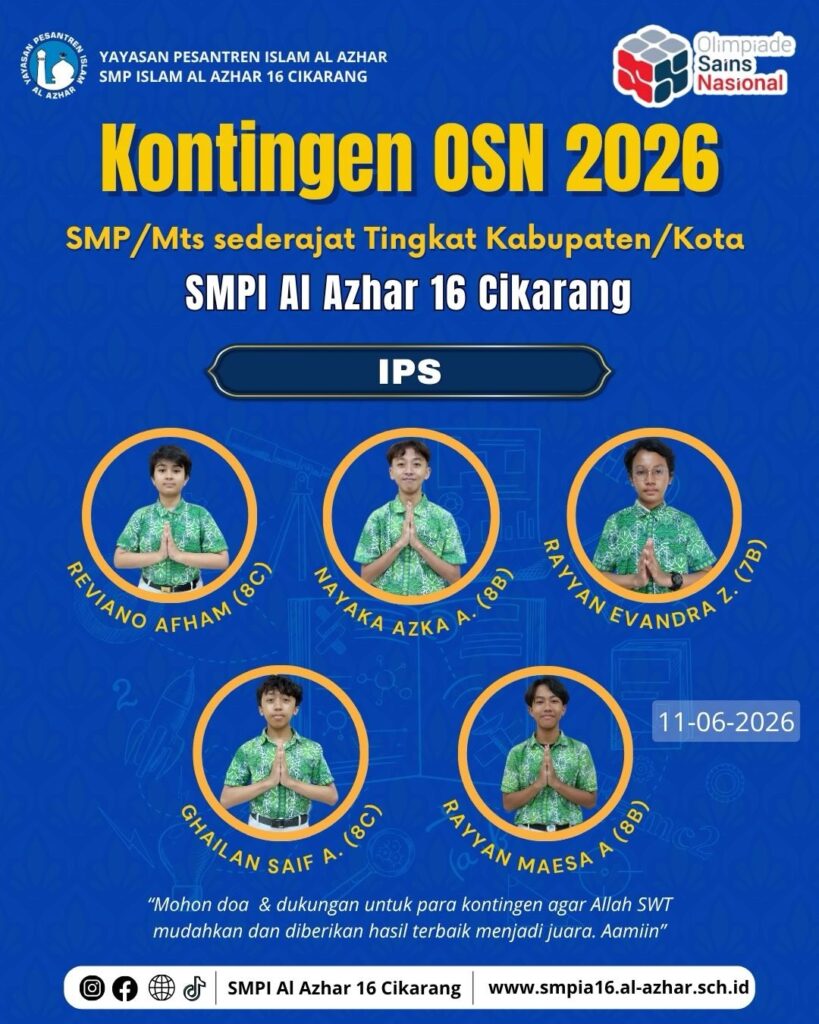 Kontingen IPS SMP Islam Al Azhar 16 Cikarang: Reviano Afham, Nayaka Azka A., Rayyan Evandra Z., Ghailan Saif A., dan Rayyan Maesa A.