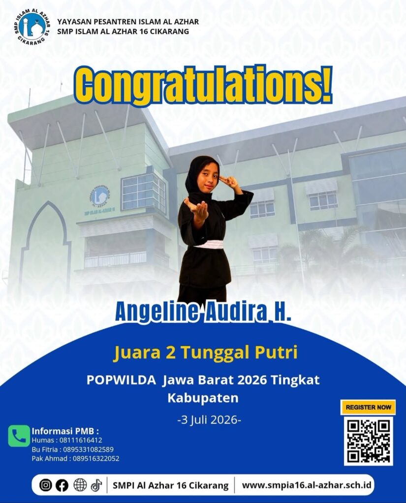 Kebanggaan sekolah! Angeline Audira H. tampil tangguh dan penuh percaya diri dalam balutan seragam pencak silat setelah sukses menyabet gelar Juara 2 Tunggal Putri POPWILDA Jawa Barat 2026 Tingkat Kabupaten.