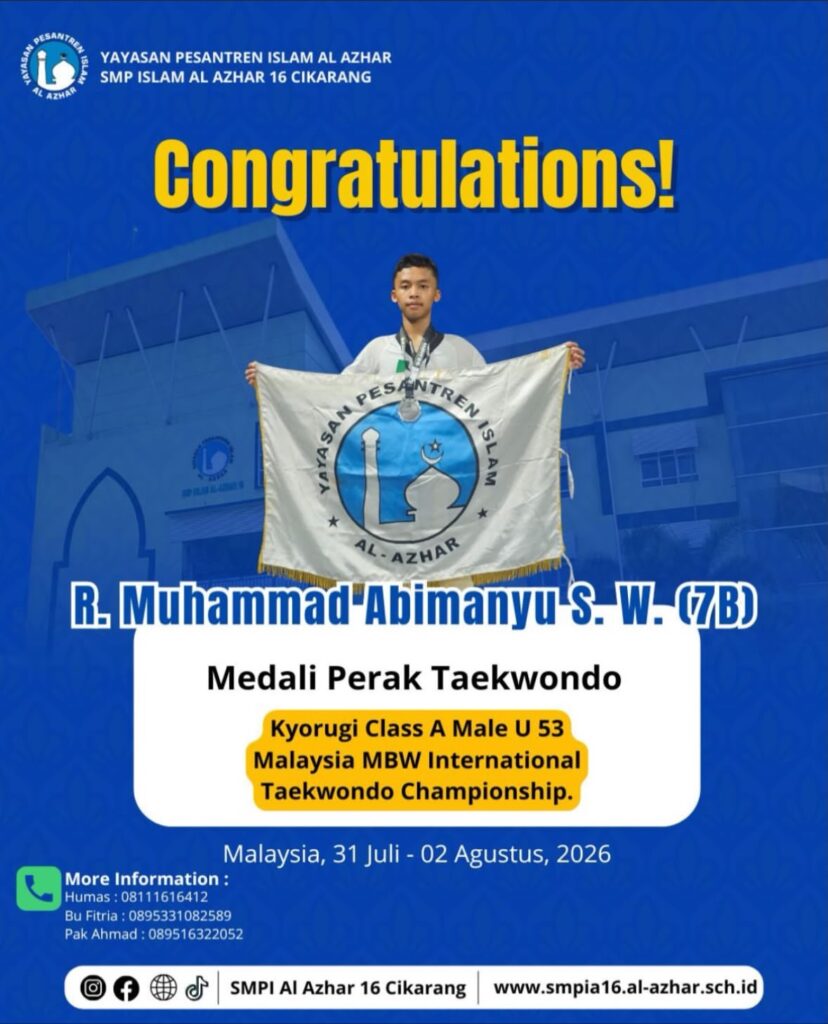 Prestasi R. Muhammad Abimanyu S.W. (7B) dari SMP Islam Al Azhar 16 Cikarang pada Malaysia MBW International Taekwondo Championship 2026.