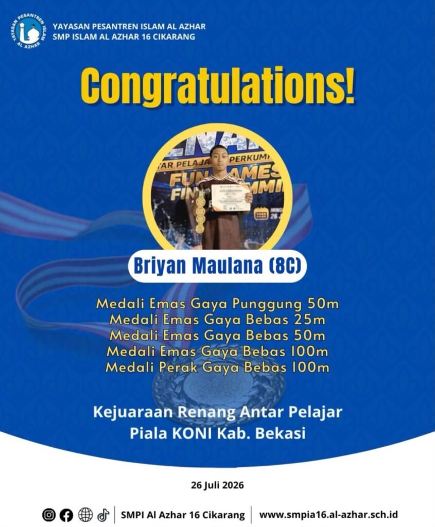 Briyan Maulana (8C) menorehkan prestasi dengan meraih sejumlah medali dalam Kejuaraan Renang Antar Pelajar Piala KONI Kabupaten Bekasi pada 26 Juli 2026.