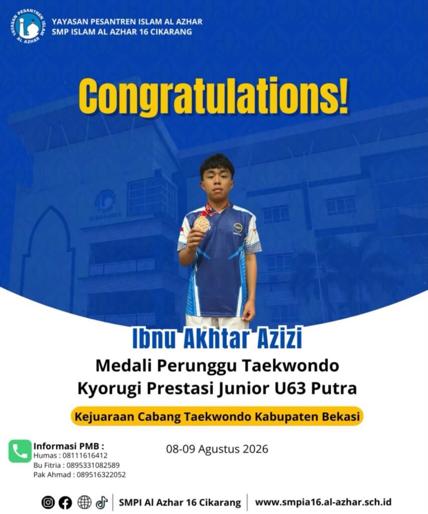 Ibnu Akhtar Azizi, murid SMP Islam Al Azhar 16 Cikarang, meraih medali perunggu Kyorugi Junior U63 Putra pada Kejuaraan Cabang Taekwondo Kabupaten Bekasi.