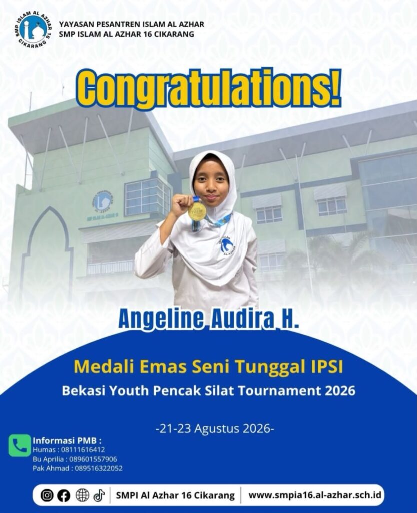 Kebanggaan sekolah! Angeline Audira H., murid SMP Islam Al Azhar 16 Cikarang, menunjukkan Medali Emas yang diraihnya pada kategori Seni Tunggal IPSI di ajang Bekasi Youth Pencak Silat Tournament 2026.