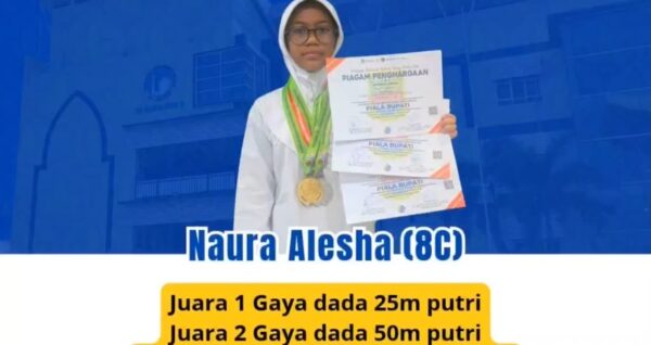 Murid kelas 8C SMP Islam Al Azhar 16 Cikarang meraih tiga prestasi renang pada Kejuaraan Renang Antar Pelajar Piala Bupati 2026.
