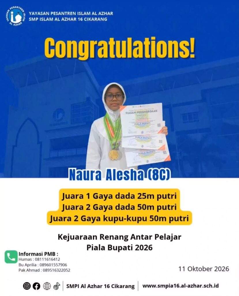 Murid kelas 8C SMP Islam Al Azhar 16 Cikarang meraih tiga prestasi renang pada Kejuaraan Renang Antar Pelajar Piala Bupati 2026.