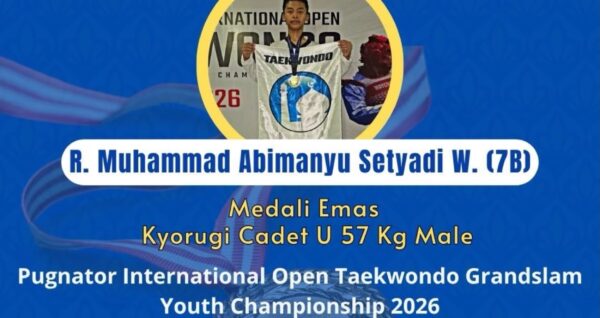 R. Muhammad Abimanyu Setyadi W. (7B), murid berprestasi dari SMP Islam Al Azhar 16 Cikarang, sukses mengharumkan nama bangsa dengan meraih Medali Emas pada ajang internasional Pugnator International Open Taekwondo Grandslam Youth Championship 2026